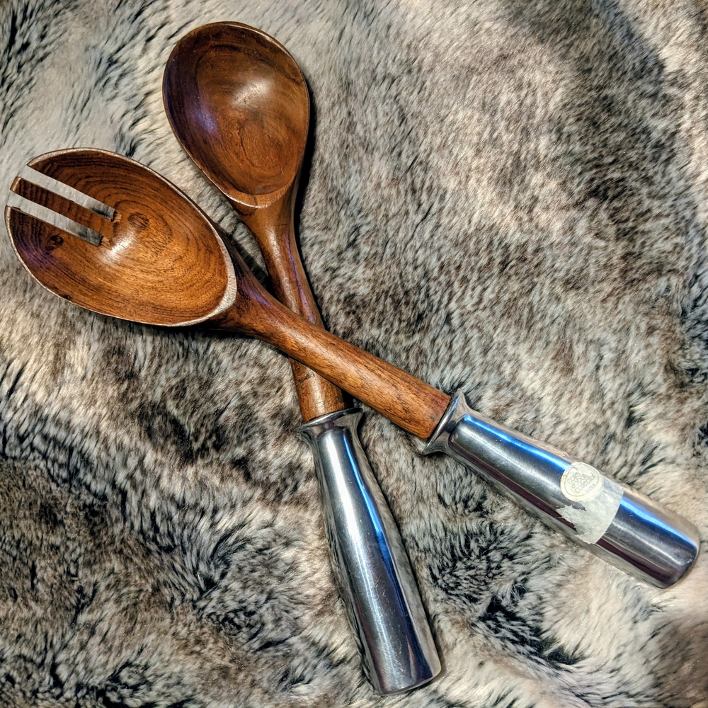 Elegant Teak Wood and Silver Salad Servers